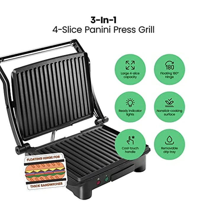 Chefman Panini Press Grill and Gourmet Sandwich Maker, Non-Stick Coated Plates, Opens 180 Degrees to Fit Any Type or Size of Food, Stainless Steel Surface and Removable Drip Tray - 4 Slice by Chefman - Image 2