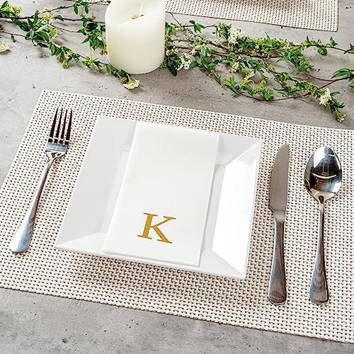 Luxenap 15.8 X 7.9 Inch Linen-Feel Guest Towels, 50 Lettered Hand Towels - Gold Letter 'K', Sans Serif Font, White Paper Dinner Napkins, airlaid, For Restrooms And Tables by Restaurantware - Image 3