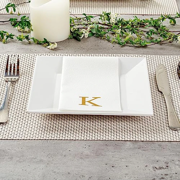 Luxenap 15.8 X 7.9 Inch Linen-Feel Guest Towels, 50 Lettered Hand Towels - Gold Letter 'K', Sans Serif Font, White Paper Dinner Napkins, airlaid, For Restrooms And Tables by Restaurantware - Image 4