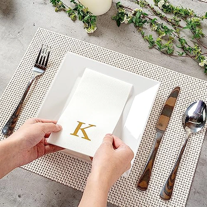 Luxenap 15.8 X 7.9 Inch Linen-Feel Guest Towels, 50 Lettered Hand Towels - Gold Letter 'K', Sans Serif Font, White Paper Dinner Napkins, airlaid, For Restrooms And Tables by Restaurantware - Image 5