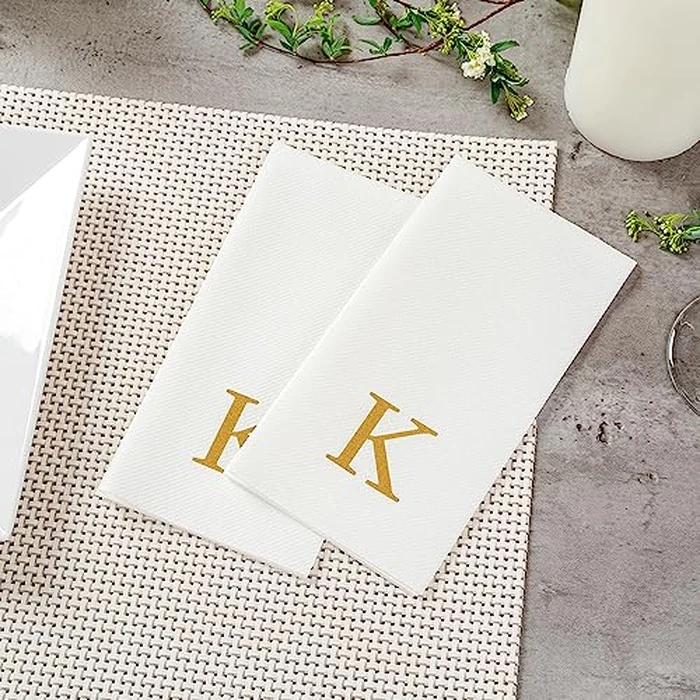 Luxenap 15.8 X 7.9 Inch Linen-Feel Guest Towels, 50 Lettered Hand Towels - Gold Letter 'K', Sans Serif Font, White Paper Dinner Napkins, airlaid, For Restrooms And Tables by Restaurantware - Image 6