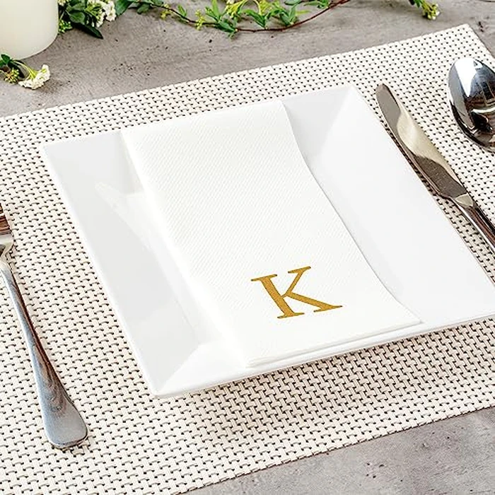 Luxenap 15.8 X 7.9 Inch Linen-Feel Guest Towels, 50 Lettered Hand Towels - Gold Letter 'K', Sans Serif Font, White Paper Dinner Napkins, airlaid, For Restrooms And Tables by Restaurantware - Image 7