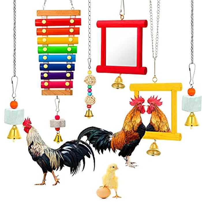 Sumind 6 Pieces Chicken Mirror Chicken Toys for Coop with Bells, Hen Xylophone Toy with 8 Metal Keys, Parrot Grinding Stone, Sepak Takraw Toy, Dangling Bird Toy by Sumind - Image 1