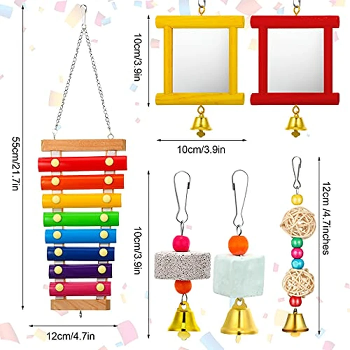 Sumind 6 Pieces Chicken Mirror Chicken Toys for Coop with Bells, Hen Xylophone Toy with 8 Metal Keys, Parrot Grinding Stone, Sepak Takraw Toy, Dangling Bird Toy by Sumind - Image 2