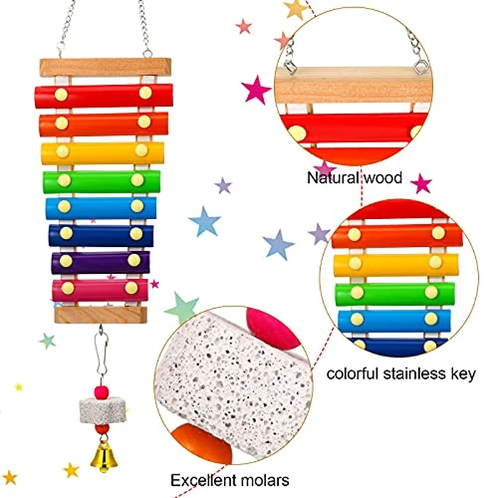 Sumind 6 Pieces Chicken Mirror Chicken Toys for Coop with Bells, Hen Xylophone Toy with 8 Metal Keys, Parrot Grinding Stone, Sepak Takraw Toy, Dangling Bird Toy by Sumind - Image 3