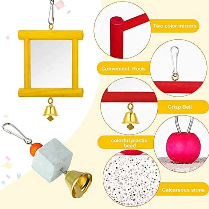 Sumind 6 Pieces Chicken Mirror Chicken Toys for Coop with Bells, Hen Xylophone Toy with 8 Metal Keys, Parrot Grinding Stone, Sepak Takraw Toy, Dangling Bird Toy by Sumind - Image 4