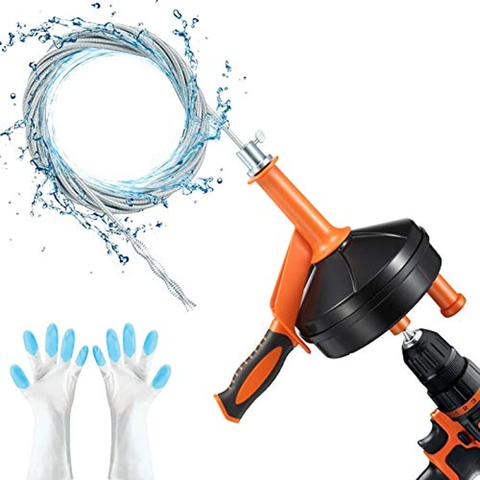 Drain Auger, Clog Remover with Drill Adapter, 25 Feet Flexible Plumbing Snake Use Manually or Powered for Kitchen, Bathroom and Shower Sink, Comes with Gloves (orange) by BACEYIOU - Image 1