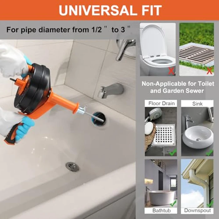 Drain Auger, Clog Remover with Drill Adapter, 25 Feet Flexible Plumbing Snake Use Manually or Powered for Kitchen, Bathroom and Shower Sink, Comes with Gloves (orange) by BACEYIOU - Image 2