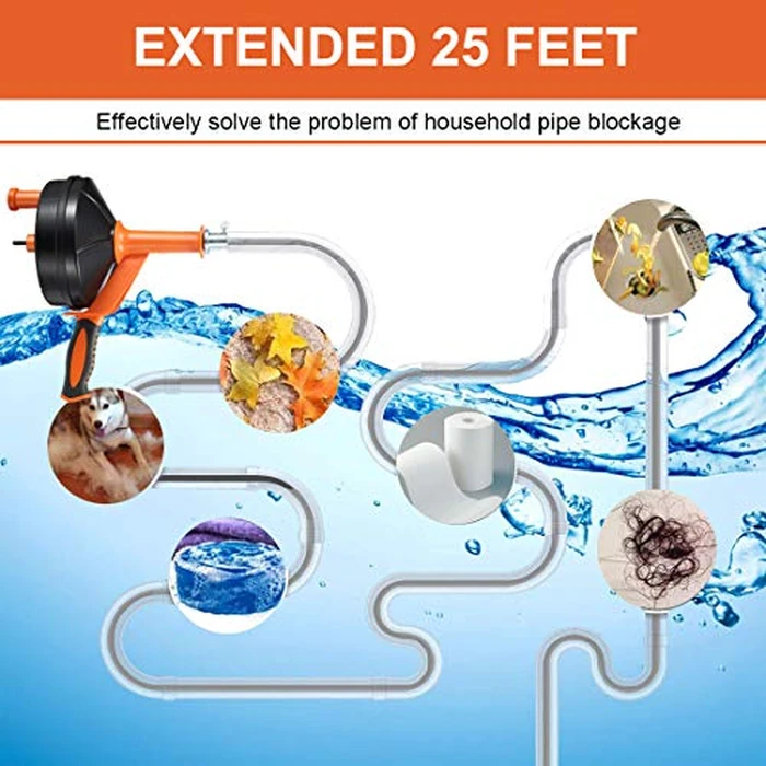 Drain Auger, Clog Remover with Drill Adapter, 25 Feet Flexible Plumbing Snake Use Manually or Powered for Kitchen, Bathroom and Shower Sink, Comes with Gloves (orange) by BACEYIOU - Image 8