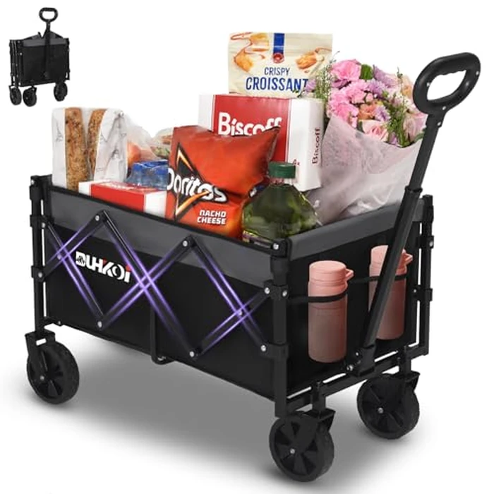 Duhkoi Collapsible Wagon Cart with Wheels Foldable,11 lbs Lightweight Portable Folding Utility Wagon,90 L Heavy Duty Grocery Shopping Carts,Versatile for Garden Sports Camping Outdoor Use (Black Gray) by DUHKOI - Used - Good condition