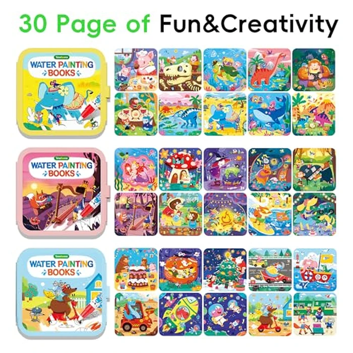 Timetome Reusable Water Painting Books for Kids - 3-Pack Magic Water Reveal Coloring Books with Water Pens (Fairy Tale, Animal & Dinosaur) No-Mess Coloring & Reusable Fun Travel Activity for Ages 3-6 by Timetome - Image 3