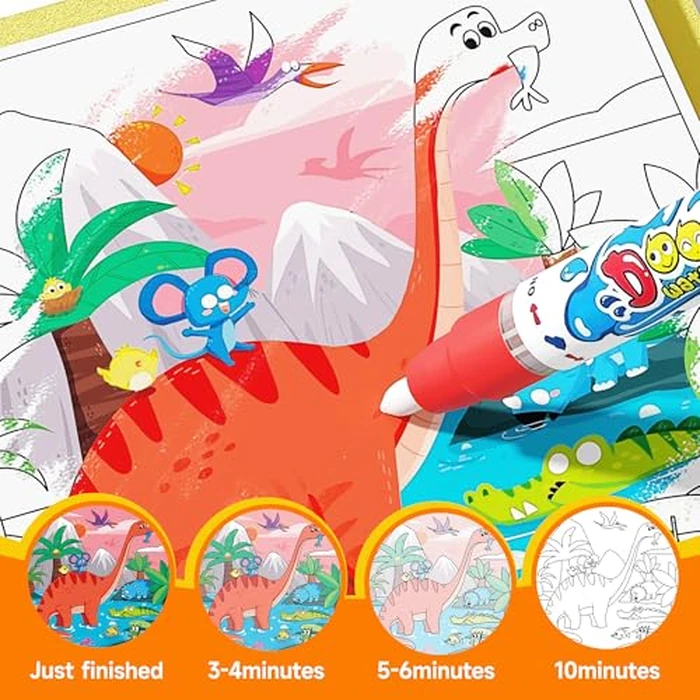 Timetome Reusable Water Painting Books for Kids - 3-Pack Magic Water Reveal Coloring Books with Water Pens (Fairy Tale, Animal & Dinosaur) No-Mess Coloring & Reusable Fun Travel Activity for Ages 3-6 by Timetome - Image 5