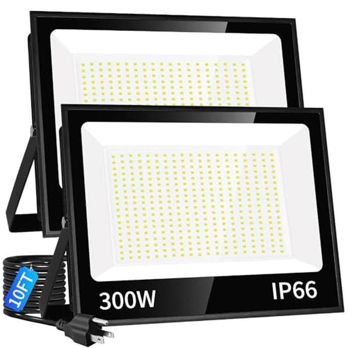 ISUERFY 300W LED Flood Light Outdoor with Plug, 36000LM Ultra Brighter Security Light, IP66 Waterproof Exterior Plug in Floodlight, 5000K Daylight White for Lawn Yard Garden Stadium(2 Pack) by ISUERFY - Image 1