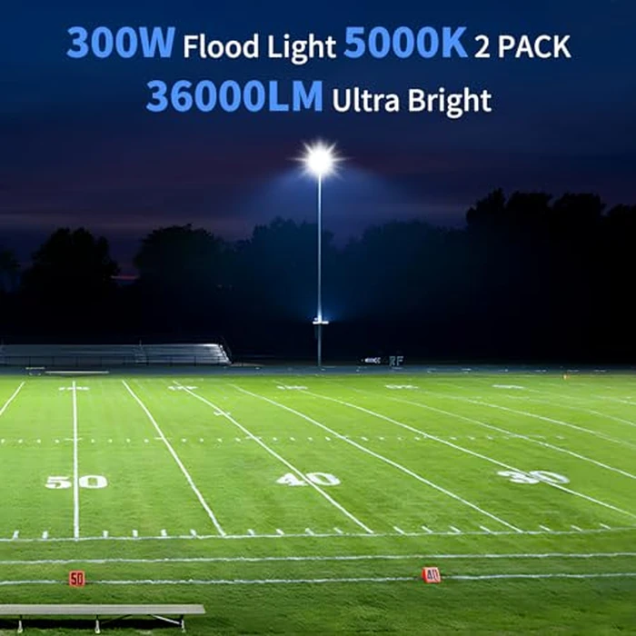 ISUERFY 300W LED Flood Light Outdoor with Plug, 36000LM Ultra Brighter Security Light, IP66 Waterproof Exterior Plug in Floodlight, 5000K Daylight White for Lawn Yard Garden Stadium(2 Pack) by ISUERFY - Image 2