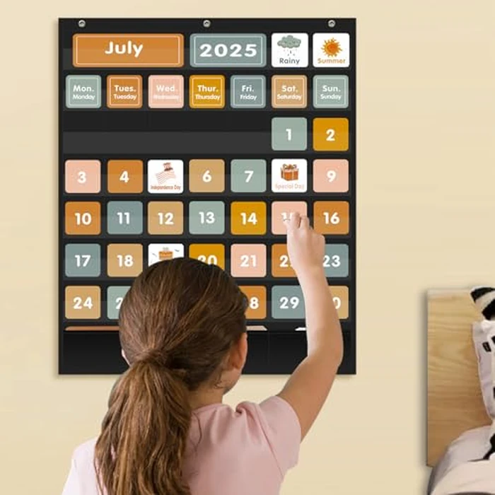 REGELETO Boho Calendar Pocket Chart with 92 Cards for Classroom,46 Pockets Black Monthly Calendar and Weather Pocket Chart for Students Learning Size: 28.75" H x 24" W inch for Home or Classroom by REGELETO - Image 7
