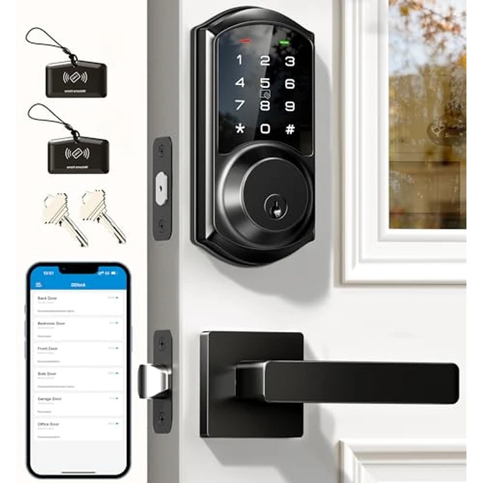 Veise VE06-L Smart Locks with 2 Lever Handle Set, App Control, Keyless Entry Deadbolt for Front Door, Electronic Digital Touchscreen Keypad, Auto Lock, Waterproof, Easy Installation, Matte Black by Veise - Used - Like New condition - US$78.22