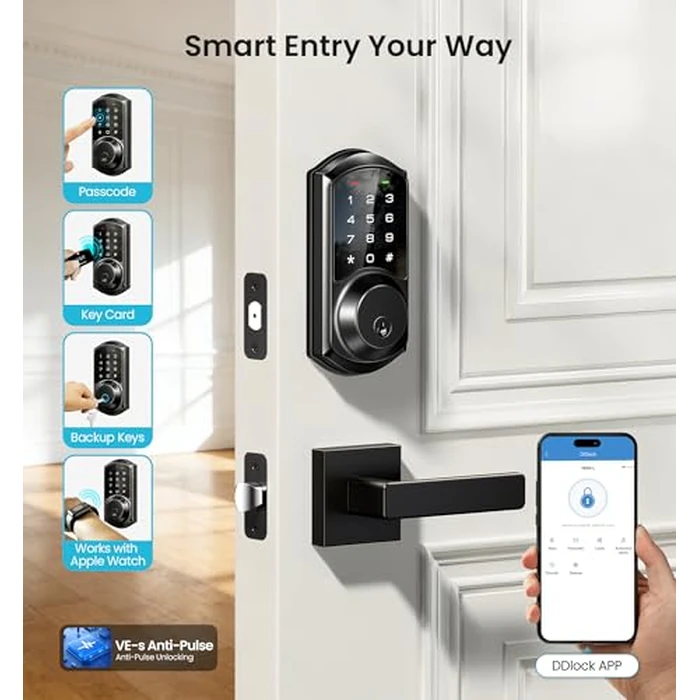 Veise VE06-L Smart Locks with 2 Lever Handle Set, App Control, Keyless Entry Deadbolt for Front Door, Electronic Digital Touchscreen Keypad, Auto Lock, Waterproof, Easy Installation, Matte Black by Veise - Image 2
