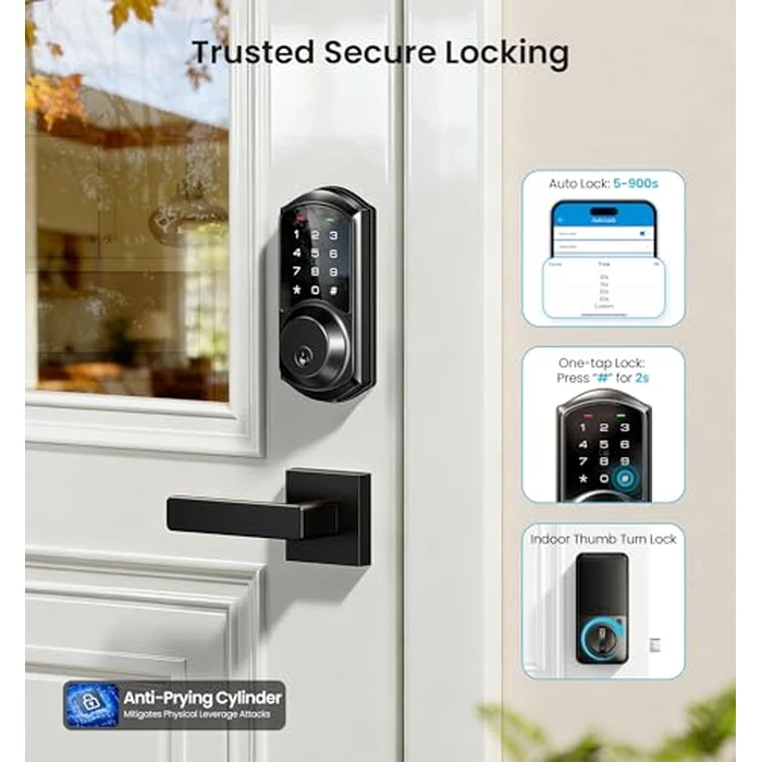 Veise VE06-L Smart Locks with 2 Lever Handle Set, App Control, Keyless Entry Deadbolt for Front Door, Electronic Digital Touchscreen Keypad, Auto Lock, Waterproof, Easy Installation, Matte Black by Veise - Image 3