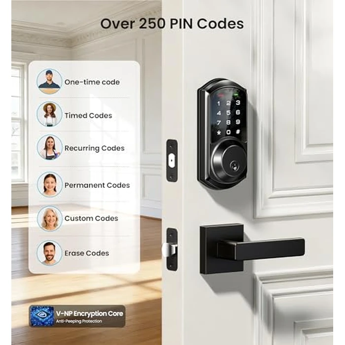 Veise VE06-L Smart Locks with 2 Lever Handle Set, App Control, Keyless Entry Deadbolt for Front Door, Electronic Digital Touchscreen Keypad, Auto Lock, Waterproof, Easy Installation, Matte Black by Veise - Image 6
