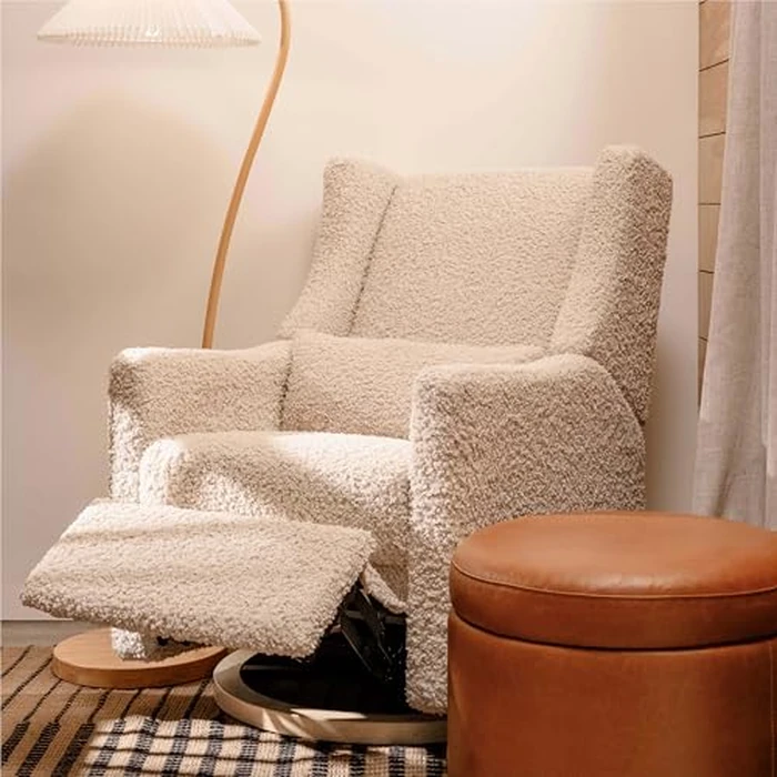 Kiwi Glider Recliner w/Electronic Control and USB | in Almond Teddy Loop w/Light Wood Base, Greenguard Gold Certified by babyletto - Image 1