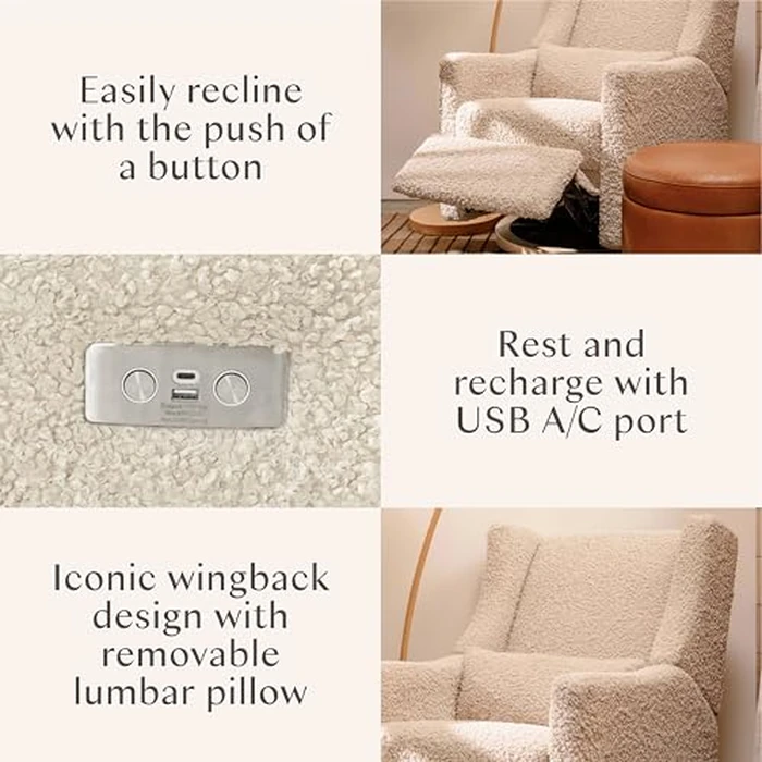 Kiwi Glider Recliner w/Electronic Control and USB | in Almond Teddy Loop w/Light Wood Base, Greenguard Gold Certified by babyletto - Image 3