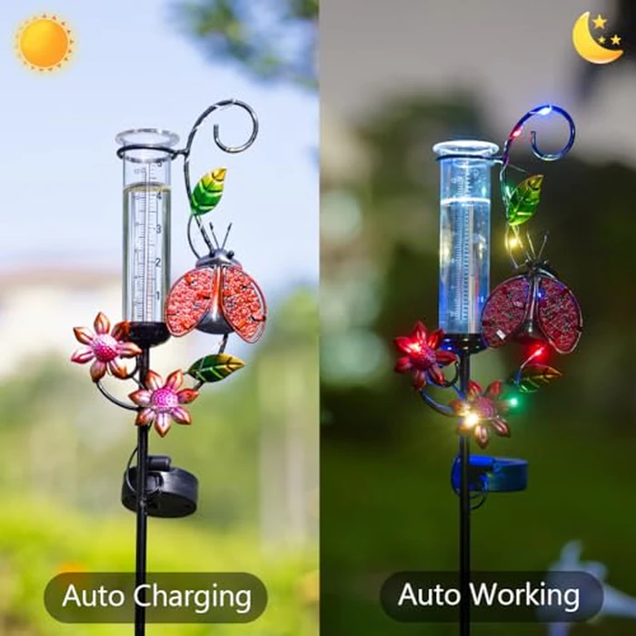 Stargarden Rain Gauge Outdoor, Metal Ladybird Rain Gauge, Solar LED Lights Rain Gauges, Decorative Solar Powered Rain Gauge for Yard, Lawn, Pathway, Patio by Stargarden - Image 2