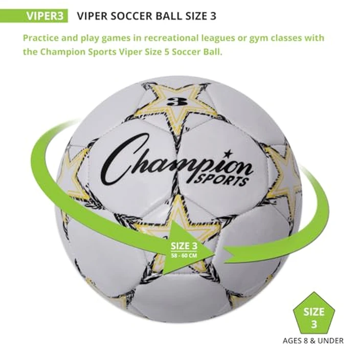 Champion Sports Viper Soccer Ball, Size 3 - Soft Touch TPU Cover, Airlock Bladder, Youth Under 8 - Yellow/Black/White by Champion Sports - Image 2