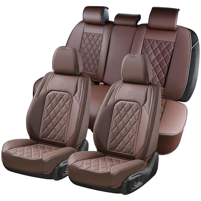 Coverado Car Seat Covers Full Set, Luxury Faux Leather Waterproof Seat Cover, Front and Back Car Seat Protector, Universal 5 Seat Leather Seat Cushion, Carseat Cover Fit Most Cars, Coffee by Coverado - Image 1