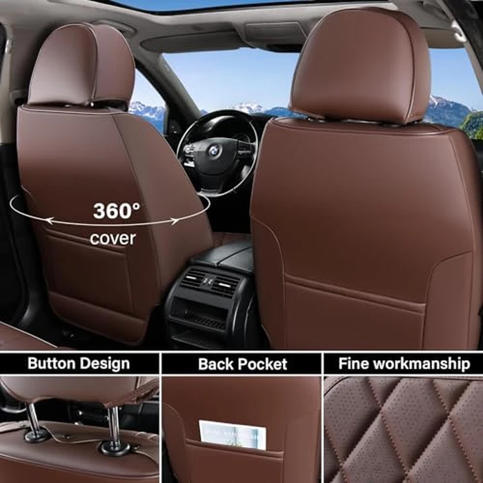 Coverado Car Seat Covers Full Set, Luxury Faux Leather Waterproof Seat Cover, Front and Back Car Seat Protector, Universal 5 Seat Leather Seat Cushion, Carseat Cover Fit Most Cars, Coffee by Coverado - Image 4