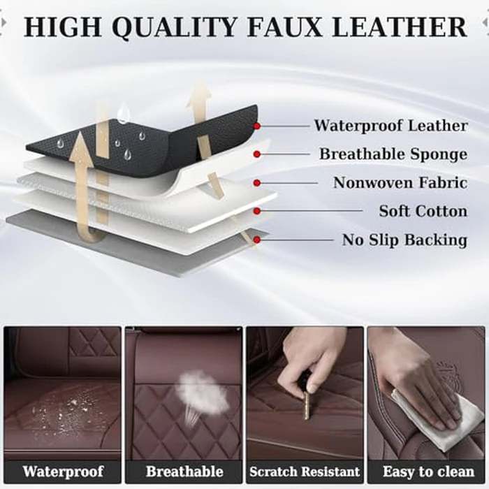 Coverado Car Seat Covers Full Set, Luxury Faux Leather Waterproof Seat Cover, Front and Back Car Seat Protector, Universal 5 Seat Leather Seat Cushion, Carseat Cover Fit Most Cars, Coffee by Coverado - Image 5