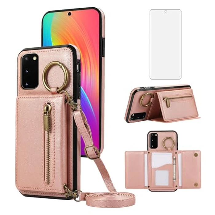 Compatible with Samsung Galaxy S20 FE 5G Wallet Case with Screen Protector and Crossbody Shoulder Strap Card Holder Cell Phone Cover for S 20 EF UW S20FE 20S S2O Fan Edition 4G G5 Women Rose Gold by Asuwish - Used - Acceptable condition