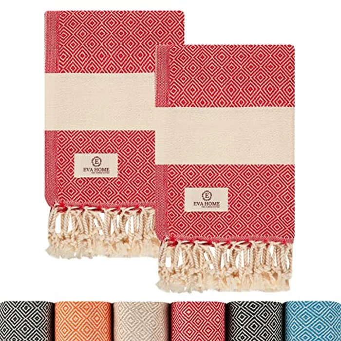 EVAHOME Turkish Hand Towel Set of 2 | 100% Cotton, 20 x 40 Inch| Hand, Face, Hair, Gym, Yoga, Beach, Tea, Kitchen and Bath. Absorbent and Decorative Kitchen Bathroom Hand Towel with Gift Box (Red) by EVA HOME & Design - Used - Very Good condition - CA$26.91