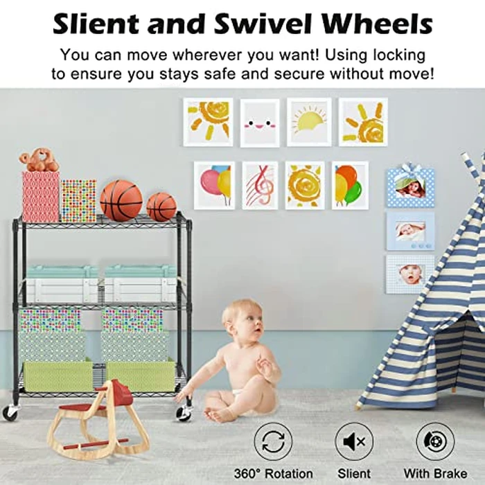 WDT 3-Tier Storage Shelves, Heavy Duty Metal Shelves Wire Rack Shelving Unit, Adjustable Shelf with Wheels for Home Office Garage Kitchen Bathroom, 24" D x 14" W x 32" H by WDT - Image 3