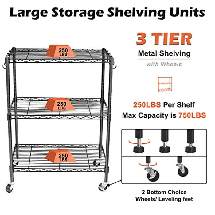 WDT 3-Tier Storage Shelves, Heavy Duty Metal Shelves Wire Rack Shelving Unit, Adjustable Shelf with Wheels for Home Office Garage Kitchen Bathroom, 24" D x 14" W x 32" H by WDT - Image 4