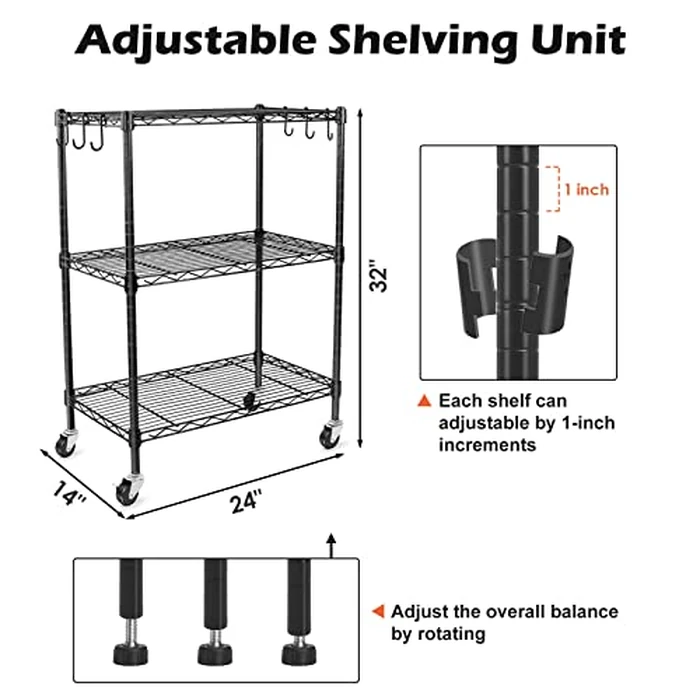 WDT 3-Tier Storage Shelves, Heavy Duty Metal Shelves Wire Rack Shelving Unit, Adjustable Shelf with Wheels for Home Office Garage Kitchen Bathroom, 24" D x 14" W x 32" H by WDT - Image 5