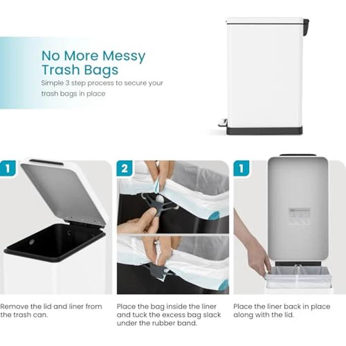 Home Zone Living 12 Gallon Slim Kitchen Trash Can with Slow Close Lid and Step Pedal, Stainless Steel, Matte White, 45 Liters by Home Zone Living - Image 5