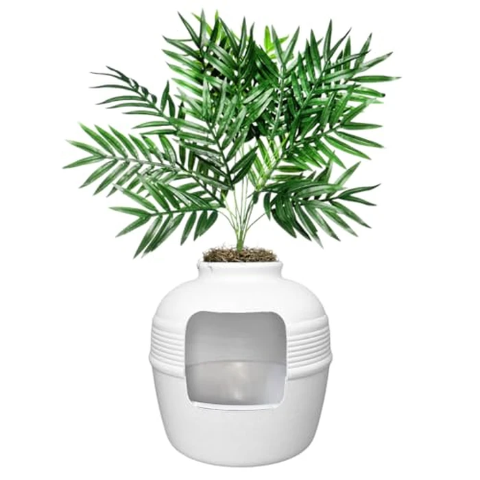 Good Pet Stuff Hidden Cat Litter Box Enclosure with Artificial Plant, Decorative Round Planter, Removable Tray, Charcoal Filter Odor Control, Easy-to-Clean, Made in USA, Essentials Kit, White by Good Pet Stuff - Image 1