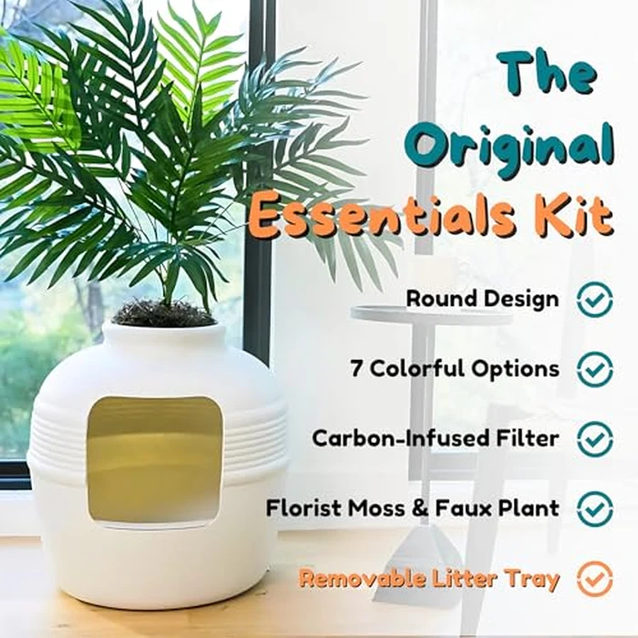 Good Pet Stuff Hidden Cat Litter Box Enclosure with Artificial Plant, Decorative Round Planter, Removable Tray, Charcoal Filter Odor Control, Easy-to-Clean, Made in USA, Essentials Kit, White by Good Pet Stuff - Image 2