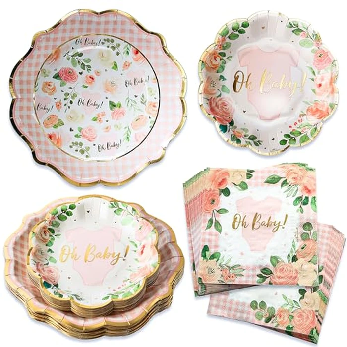 Kate Aspen Baby Shower Onesie Pink Floral & Gingham Tableware Set - 62pc. 16pcs 7 inch & 16pcs 9 inch Heavy Duty Disposable Party Plates, 30pcs 6.5 inch Durable Paper Napkins by Kate Aspen - Image 1