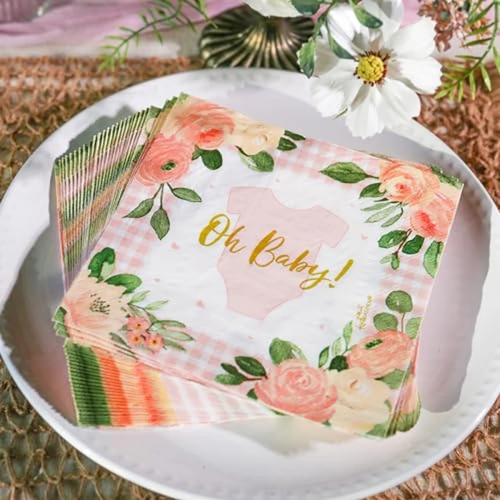 Kate Aspen Baby Shower Onesie Pink Floral & Gingham Tableware Set - 62pc. 16pcs 7 inch & 16pcs 9 inch Heavy Duty Disposable Party Plates, 30pcs 6.5 inch Durable Paper Napkins by Kate Aspen - Image 3