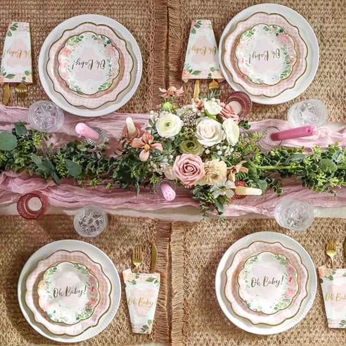 Kate Aspen Baby Shower Onesie Pink Floral & Gingham Tableware Set - 62pc. 16pcs 7 inch & 16pcs 9 inch Heavy Duty Disposable Party Plates, 30pcs 6.5 inch Durable Paper Napkins by Kate Aspen - Image 4