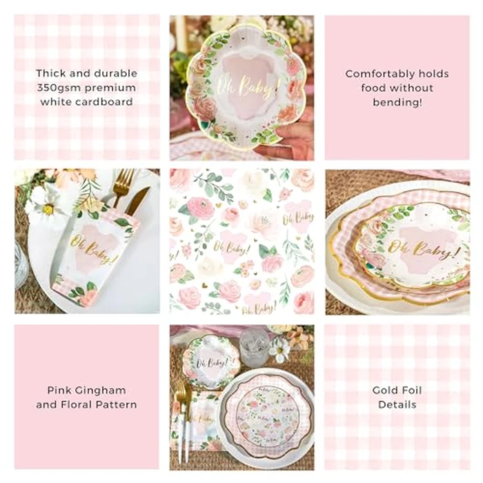 Kate Aspen Baby Shower Onesie Pink Floral & Gingham Tableware Set - 62pc. 16pcs 7 inch & 16pcs 9 inch Heavy Duty Disposable Party Plates, 30pcs 6.5 inch Durable Paper Napkins by Kate Aspen - Image 5