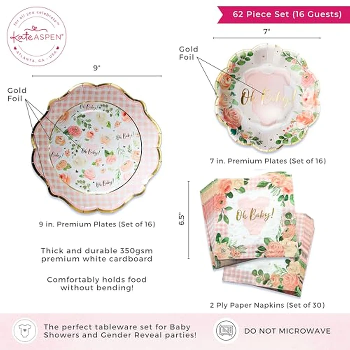 Kate Aspen Baby Shower Onesie Pink Floral & Gingham Tableware Set - 62pc. 16pcs 7 inch & 16pcs 9 inch Heavy Duty Disposable Party Plates, 30pcs 6.5 inch Durable Paper Napkins by Kate Aspen - Image 6