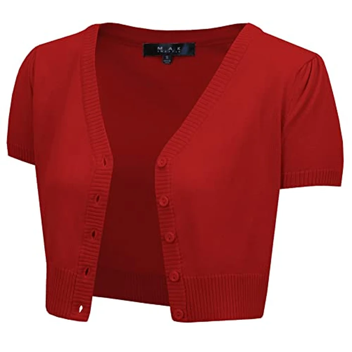 YEMAK Women's Cropped Bolero Cardigan - Short Sleeve V-Neck Basic Classic Casual Button Down Knit Soft Sweater Knitted Top HB2137-RED-L by YEMAK - Used - Like New condition