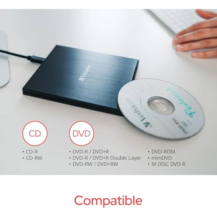 Verbatim Slimline CD/DVD Drive - External USB 2.0 CD DVD +/-RW Burner for Laptops and Notebooks with M-DISC Support - Mac & PC Compatible - Nero Burn & Archive Software Included - Black by Verbatim - Image 2