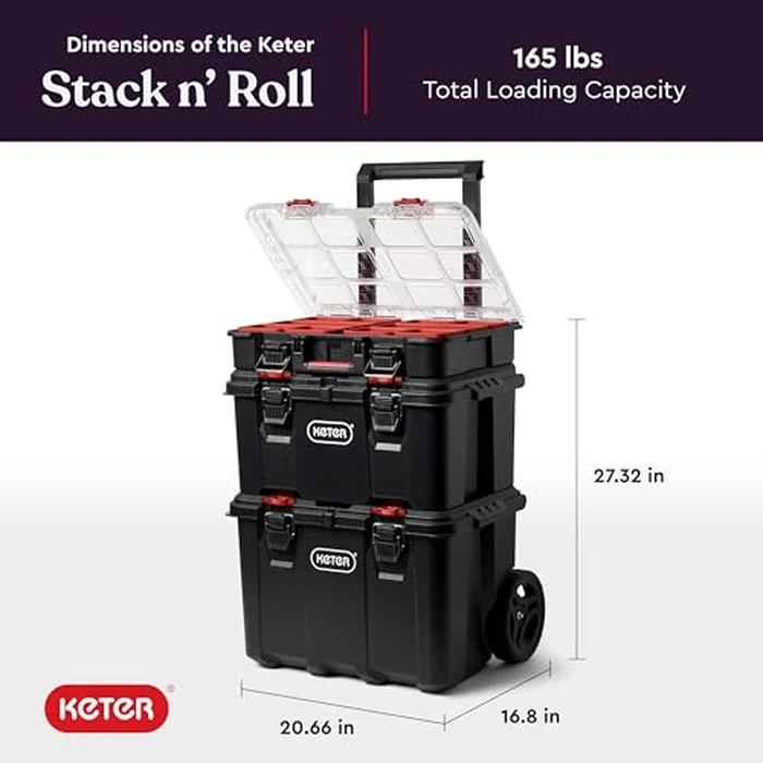 Keter Stack-n-Roll Modular Tools Organizer for Garage Storage and DIY, 3 Piece Resin Rolling Tool Box System for Small Parts, Black by Keter - Image 3