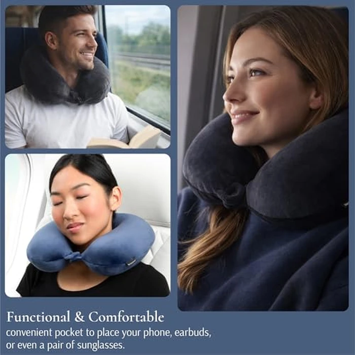 Brookstone Travel Neck Pillow - Lightweight Fleece Casing U-Shaped Stuffable Memory Foam Travel Pillow for Sleeping and Neck Support, Blue by Brookstone - Image 4