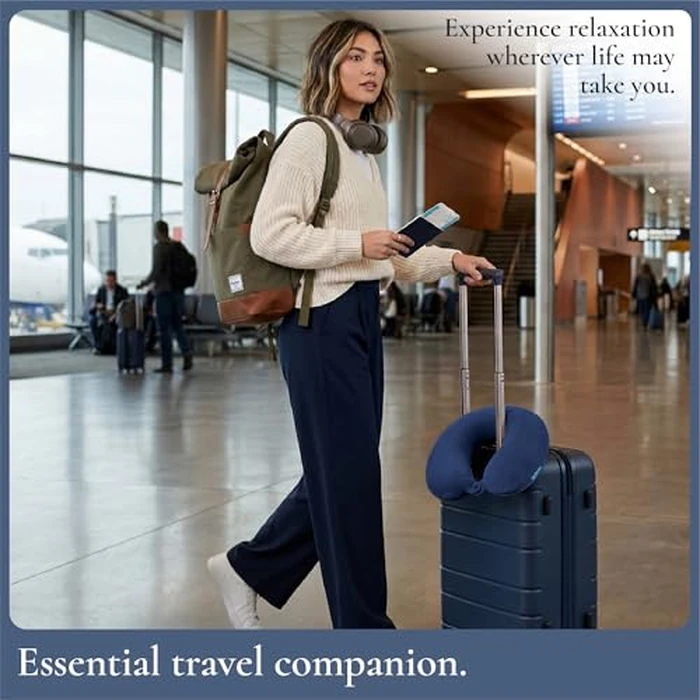 Brookstone Travel Neck Pillow - Lightweight Fleece Casing U-Shaped Stuffable Memory Foam Travel Pillow for Sleeping and Neck Support, Blue by Brookstone - Image 6