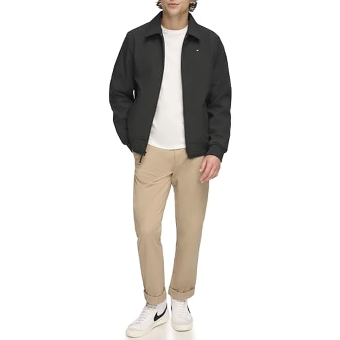 Tommy Hilfiger Men's Lightweight Varsity Rib Knit Bomber Jacket, Black Softshell w. Laydown Collar, XX-Large by Tommy Hilfiger - Used - Like New condition - US$43.31