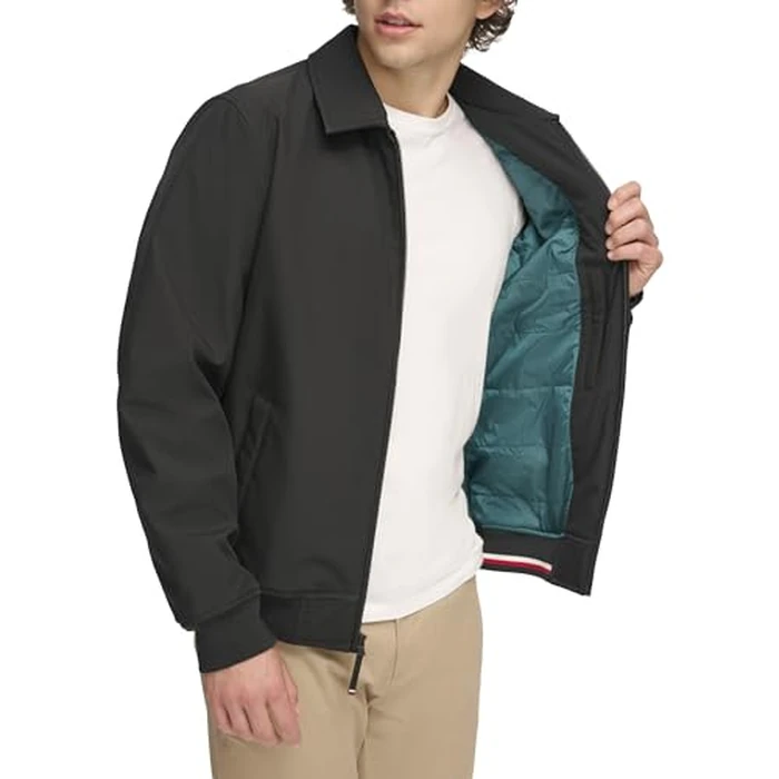 Tommy Hilfiger Men's Lightweight Varsity Rib Knit Bomber Jacket, Black Softshell w. Laydown Collar, XX-Large by Tommy Hilfiger - Image 2